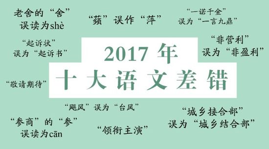 《咬文嚼字》發(fā)布2017年十大語文差錯