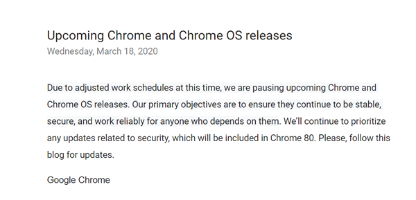 谷歌暫停 Chrome 瀏覽器、Chrome OS系統(tǒng)更新