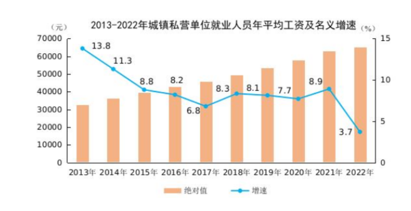 2022年城鎮(zhèn)私營單位就業(yè)人員年平均工資65237元